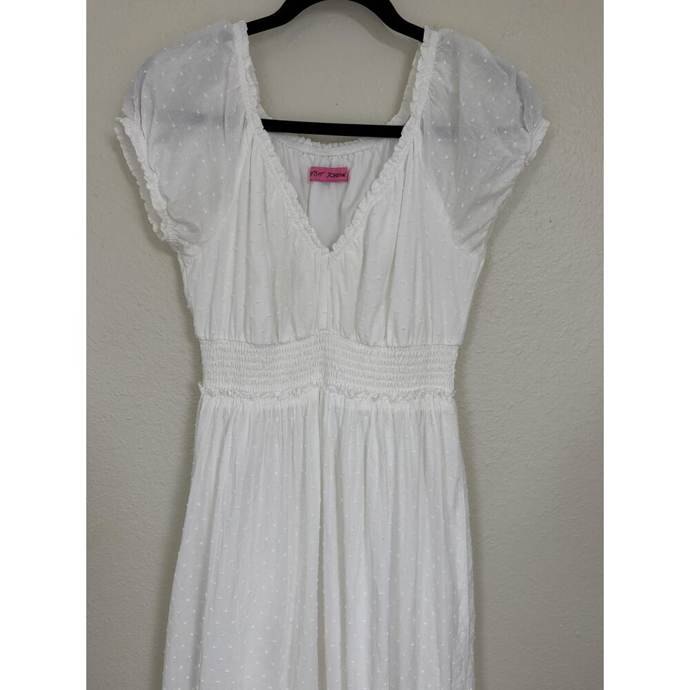 Betsy Johnson Medium White Swiss Dot Smocked V Neck Maxi Sundress Puff Sleeve